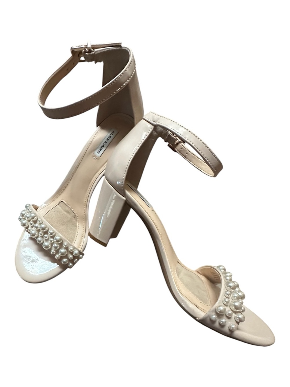 Alex Marie Cream Pearl-Strap Block Heel Sandals